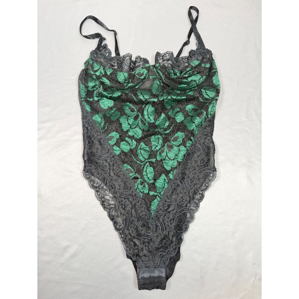 VTG Victoria's Secret Emerald Green Black Lace Teddy Bodysuit L Made in USA 9767